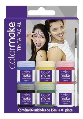 Kit 2 Tinta Facial Color Make Liquida Com 06 Cores + Pincel