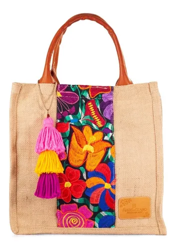 Bolso Artesanal Tipo Shoper En Yute Con Telar Artesanal Flor Diseño De La Tela Marimar Chica