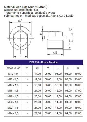 Tampão Bujão Din 910 Sextavado Externo M12x1,5 -20 Peças