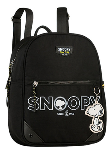 Mochila Costas Bolsa Snoopy Nylon Feminina C/ Chaveiro Preto Desenho do tecido Liso