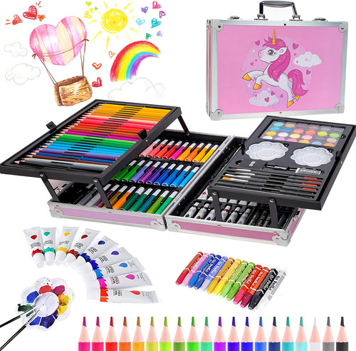 Juego Profesional Plegable De Arte Unicornio, Az 145 Piezas, Juego Plegable De Pintura De Colores Para Principiantes, Artistas, Niñas Y Niños Contiene 33 Rotuladores, 24 Crayones, 24 Acuarelas, 24 Tub
