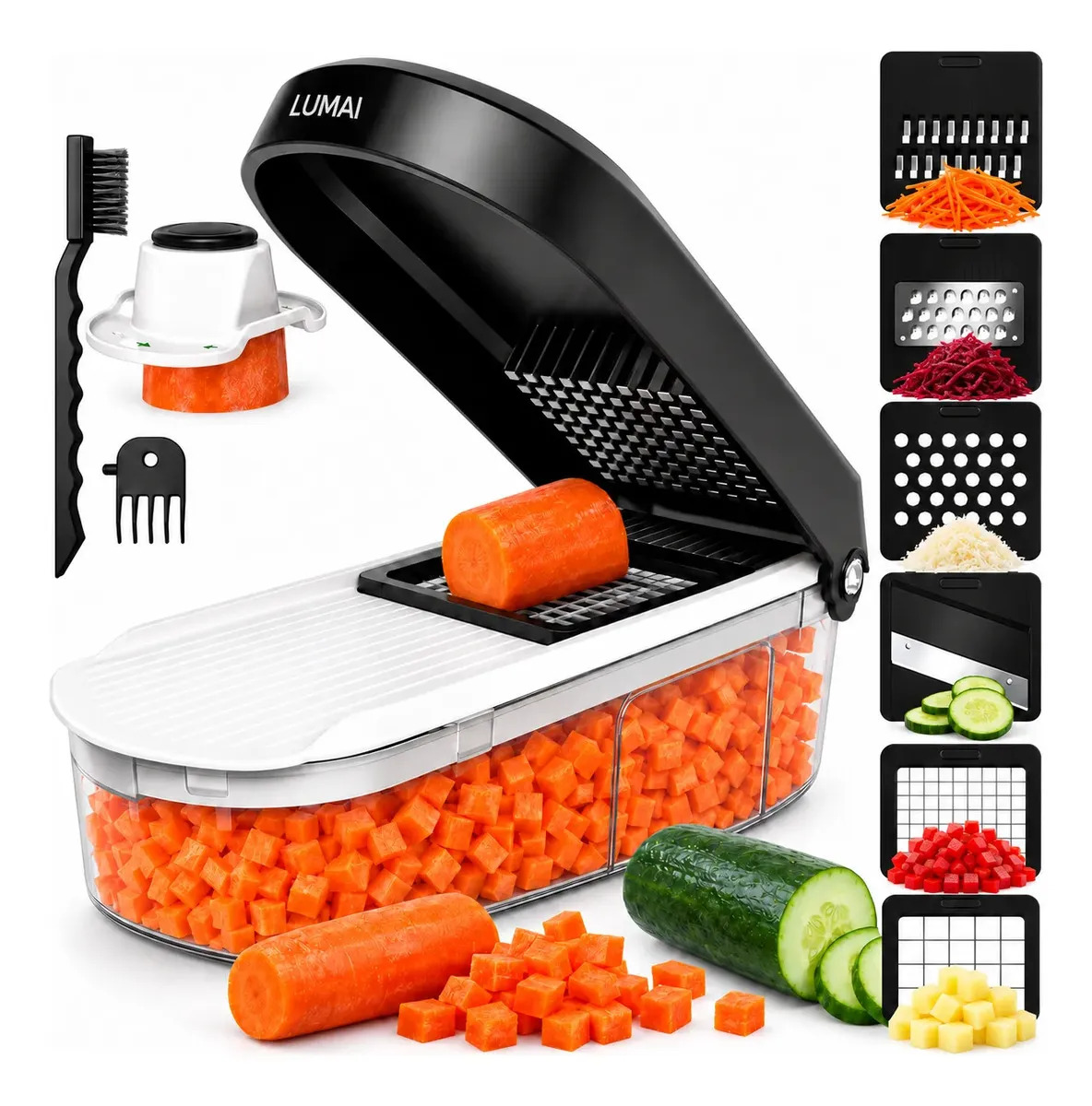 LUMAI Cortador Picador de Legumes Multifuncional Fatiador Ralador Queijos Vegetais e Frutas Mandolin Mandoline - Utensilio Premium Para Cozinha - Recipiente Robusto 1,2L - Lâminas em Aço Inox 304