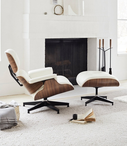 Sillon Eames Miller Premium Con Ottoman Apoya Pies Estructura De La Silla Madera Asiento Blanco Diseño De La Tela Liso