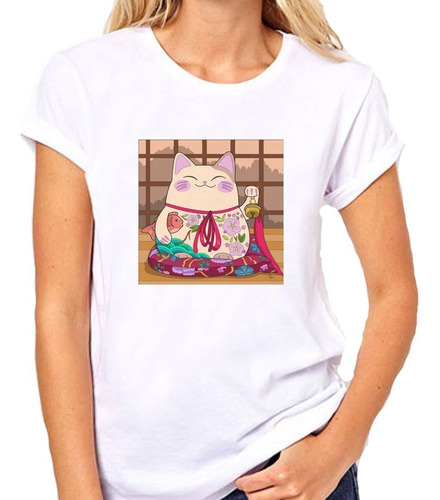 Remera De Mujer Gato Suerte Amuleto Japones Manta