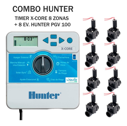 Combo Riego Hunter Programador Xcore 8 Zonas + 8 Ev Pgv 100