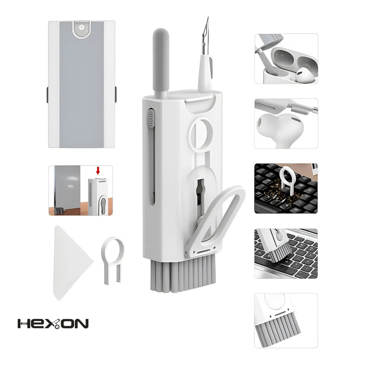 Kit Limpeza 8x1 Escova Macia Teclado Fones Celular Eficiente Limpa Tela Notebook Tecla Desktop Informática Peças Limpeza Higienização Eletrônicos AirPods Tablet Tira Sujeira Profissional Hexon