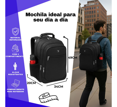 Mochila Masculina Impermeável Reforçada Alça Forte Grande Faculdade Escola Trabalho Resistente Cor Preto