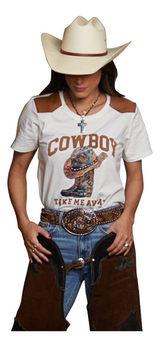 T-shirt Country Feminina Cowboy Turkese Off White