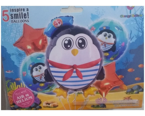 Set Globo Metalizado Pingüino Marinero 55cm X 5 Pzas