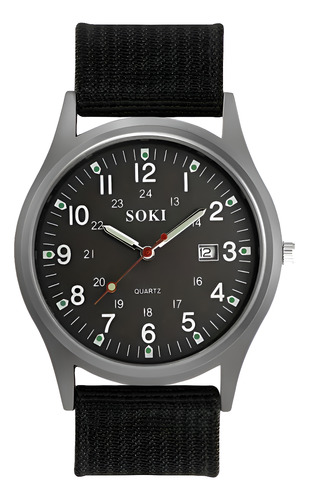 Reloj Soki Militar Cuarzo Con Dia Y Malla De Nylon Negro