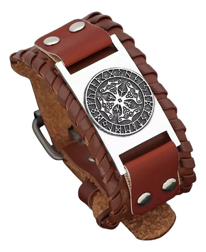 Pulsera Brazalete Cuero Vikingo Brújula Vegvisir Runa Hombre