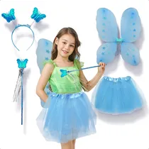 Comprar Disfraz Alas Media Diamantina Glitter + Tutú De Tul + Diadema Y Varita De Mariposa Color Azul Metálicos Tornasol Desfile Primavera Grupo Carnavallia