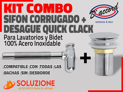 Imagen 2 de 10 de Kit Sifón/desagüe Click Clak Acero Inox D'accord Baño.