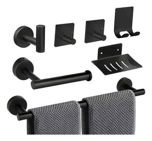 Set De 7 Accesorios De Baño Acero Inoxidable Negro Y Plata