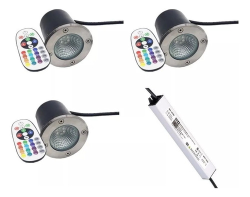 Pack 3 Foco Led Rgb Embutido Muro Piso + Fuente 12v 36w Ip67