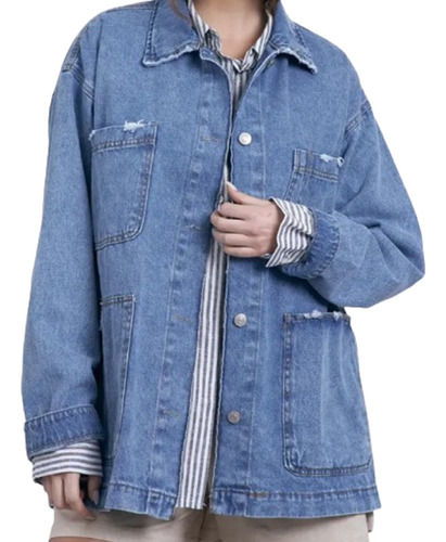 Campera Jeans Mujer Oversize Larga Bolsillos Calidad