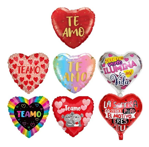 Pack 7 Globos Metálicos Corazón Te Amo 45 Cm