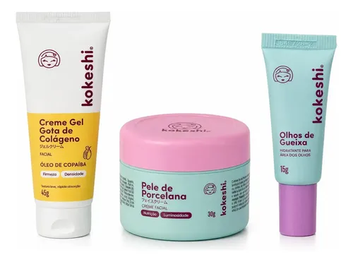 Kit Facial Kokeshi Completo 3 Passos Olhos de Gueixa, Pele de Porcelana e Gota de Colágeno