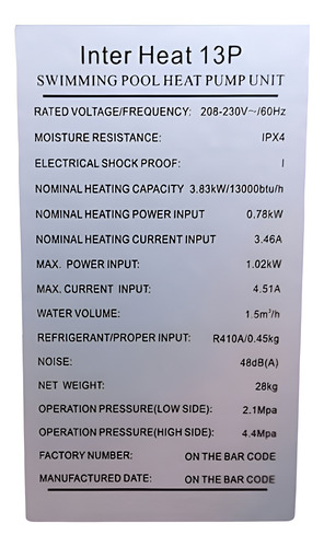 Bomba De Calor Inter Heat 13000 Btus Wifi 220 Volts 12 Msi