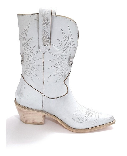 Botas Texanas Mujer Cuero Blanco Bordado Gastado Plata Quica