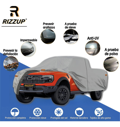 Rizzup® 6.0m Funda Para Pickup 100% Impermeable Cubiertas Para Autos Coche Protector Automovil Vehiculos Accesorios Gris Oscuro 4 Tiras Reflectantes Incluye Cremallera Lateral
