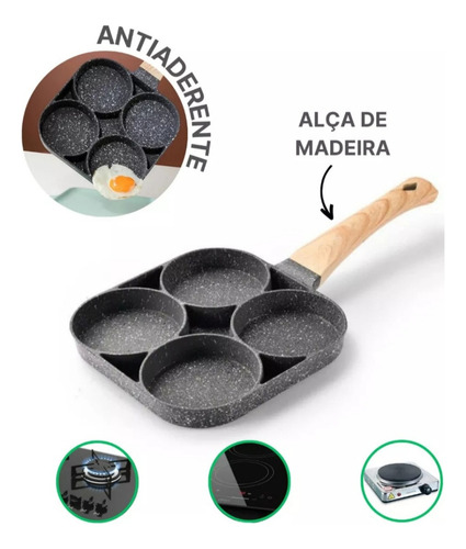 Frigideira Antiaderente 4 Partes Hambúrguer Ovo Alça Madeira