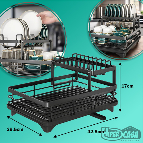 Escorredor De Louça Premium Inoxidável 2 Níveis Com 360° Automática Drenagem 2 Andares Para Pratos Copos Pina De Cozinha Balcão Hiper Casa Megastore Preto