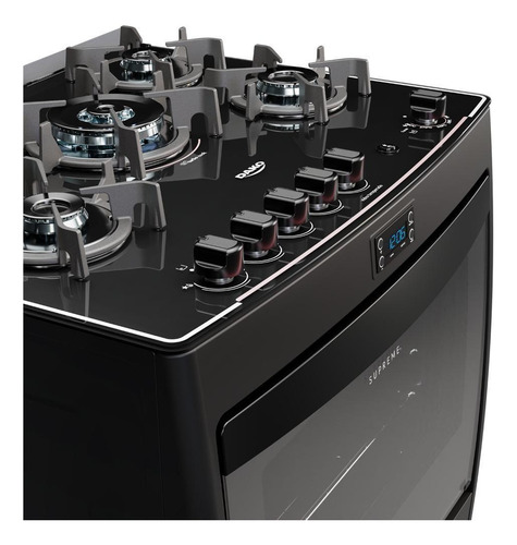 Fogão 5 Bocas Preto Com Mesa De Vidro E Timer Digital Bivolt