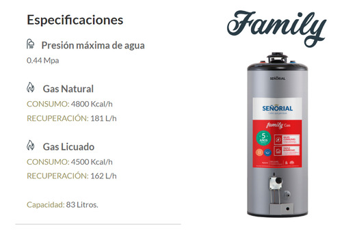 Termotanque Señorial Family 85 Lts Mg Pie/ Colgar 4.6 Kl