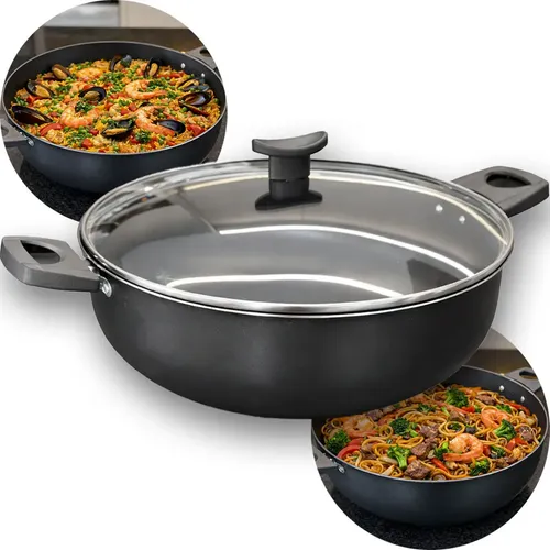 Wok 30 Frigideira Grande Paella Caçarola Teflon Antiaderente Cor Preto
