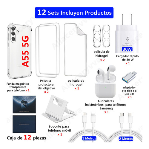 12 Kit Funda Transparente Para Samsung Galaxy A55 30w Cargador Rápida con 2 Cable tipo C Para Samsung Audifono 2 Mica Hd Adaptador USB-C
