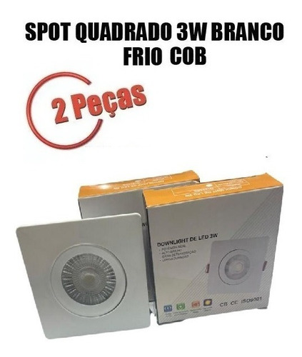 02 Spot Quadrado Led 3w Branco Frio Clx Cob 9x9cm