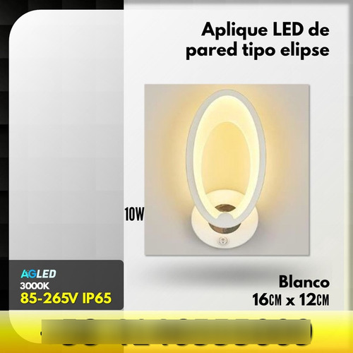 Aplique Led De Pared Elipse 10w 3k 85-265v Ip65 Bl 16x12cm