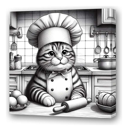 Cuadro 30x30cm Gato Chef Cocina Dibujo Cook Cat M1