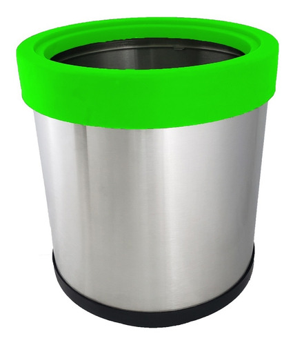 Bote Basura Cilíndrico Organico Acero Inox Tapa Verde 19 Lt