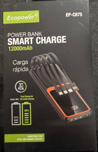 Cargador Portátil Power Bank Carga Turbo C/cables 12000mah Negro