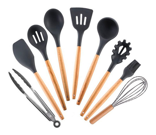 Set X9 Utensilios Cocina Mango Madera Punta Silicona Negro