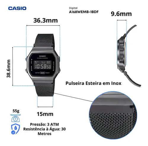 Relógio Casio Vintage A168wemb-1bdf Correia Cinza Bisel Ciano