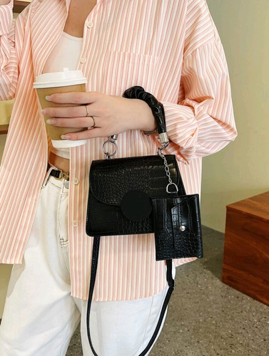 Cartera Mini Bag Croco Mujer Importada Con Monedero Negro Croco Plateado