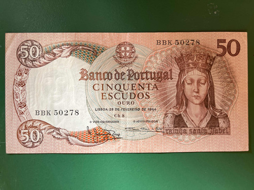 Billete De Portugal 50 Escudos 1964 Reina Santa Isabel Vf