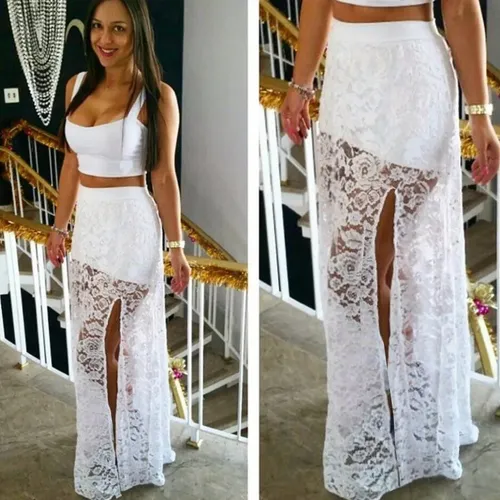 Saia longa com cheap cropped de renda