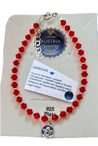 Pulsera Cristal Austria Rojo Con Medalla Angel De La Guarda 