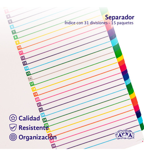Separador De Carpetas Apsa 31 Divisiones Con 15 Piezas