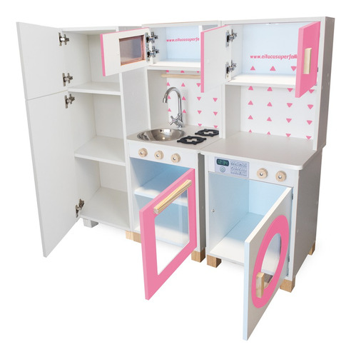 Kit Mini Cozinha Infantil Com Geladeira E Máquina De Lavar Cor Rosa