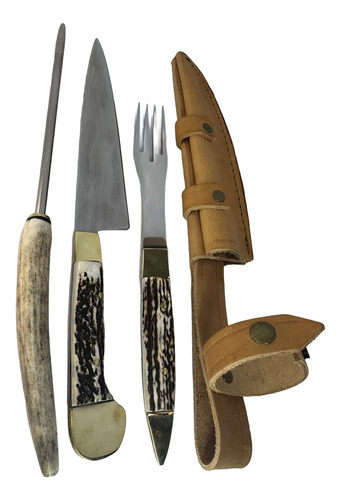 Cuchillo Artesanal Juego Con Chaira Asta Detalles Bronce