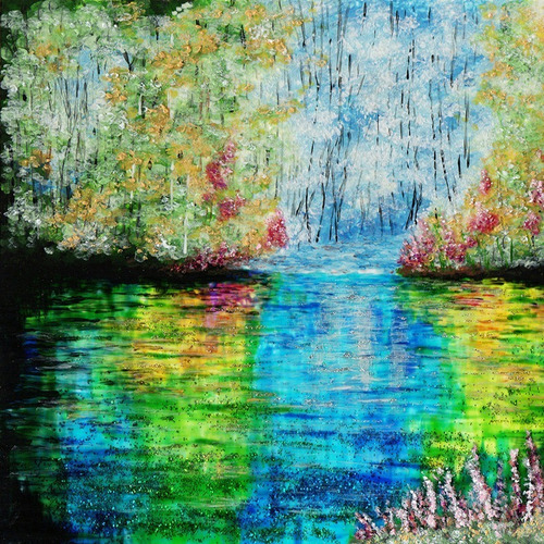 Imagem 3 de 8 de Quadro Lago Encantado, Pintura Em Vidro Com Verniz Vitral