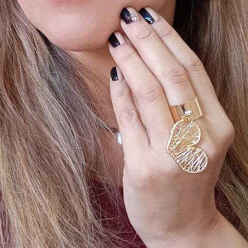 Imagen 2 de 2 de Anillo Ajustable Baño Oro 18k Corazón En Alambrismo