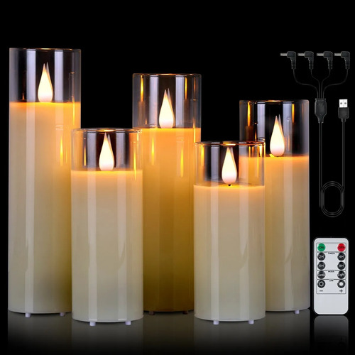 5pz Recargable Velas Led Parpadeantes Sin Llama Con Vidrio