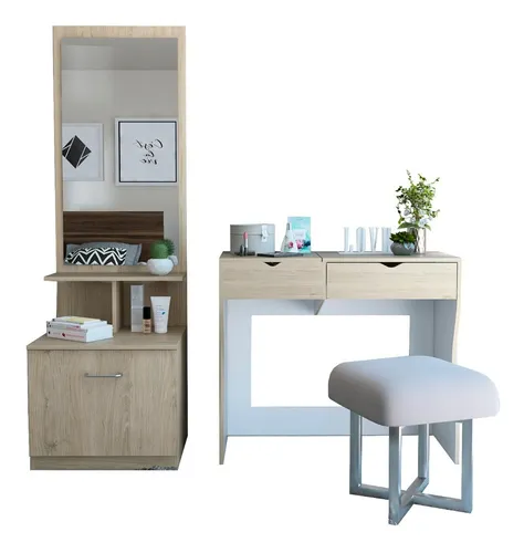 Mueble De Tocador + Velador Espejo - Rovere / Blanco