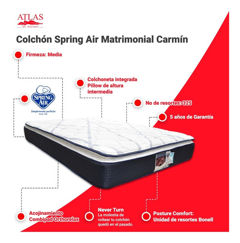 Imagen 2 de 7 de Colchón Spring Air Carmín Ortopédico Para Cama Matrimonial